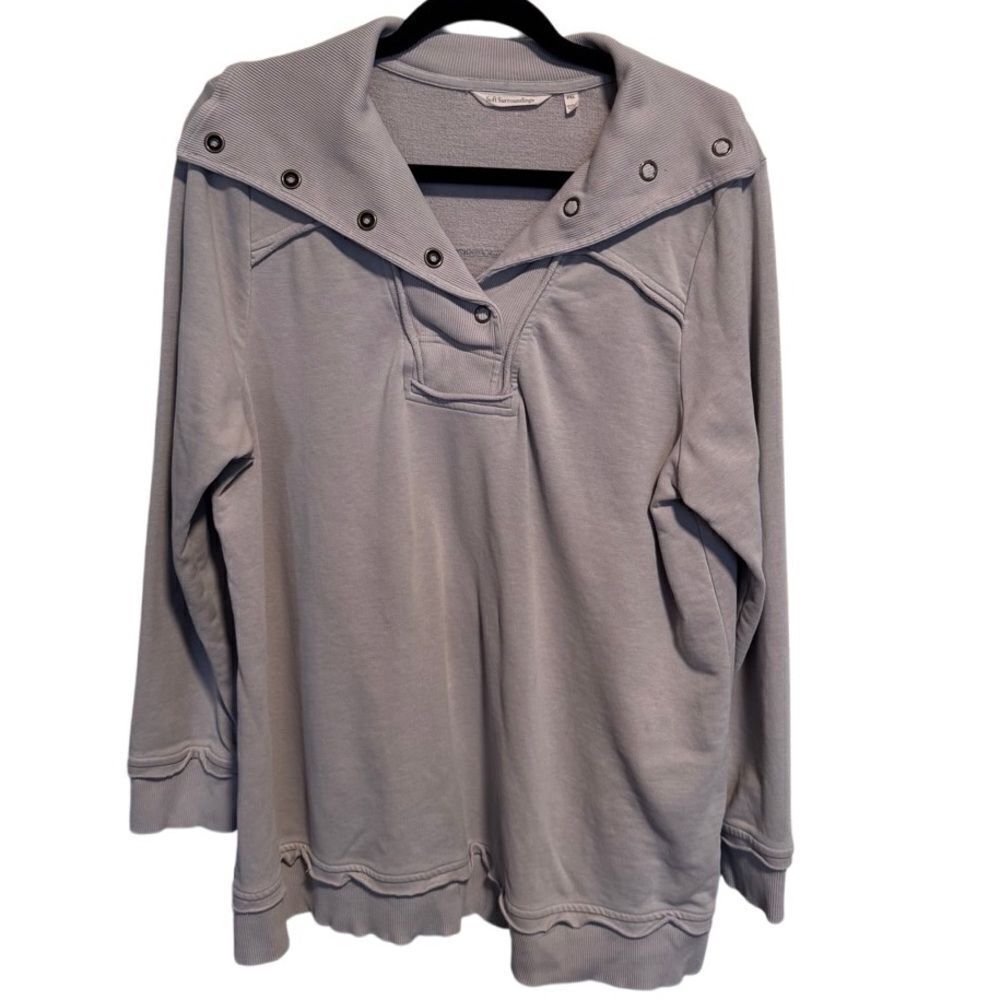Soft Surroundings- Exposed Seam Button Oversized Spread Collar Sweatshirt, PXL